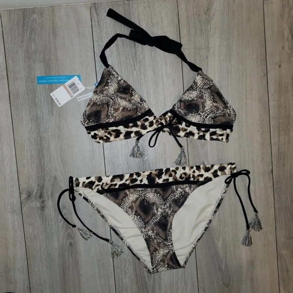 Bleu Rod Beattie Animal Print Triangle Bikini Top Tie Side Hipster Botto…